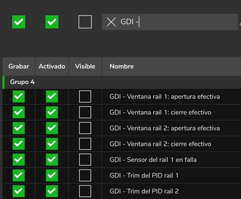 Configuraciones del datalogger filtradas por GDI: Grabar, Activado y Visible de los canales de la bomba.
