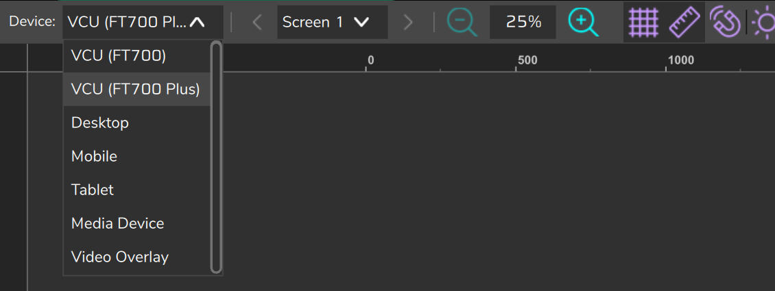 PC editor, top bar with the Device: list open and the seven targets, from VCU (FT700) to Video Overlay.