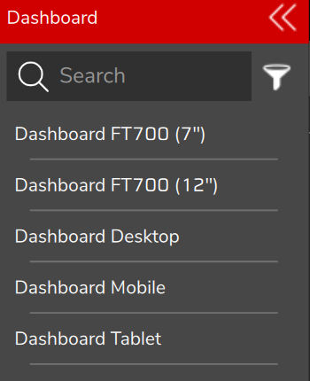 Side menu of the PC with the Dashboard group open and its five items, from Dashboard FT700 (7") to Dashboard Tablet.
