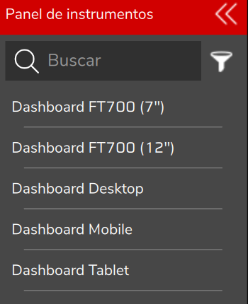 Menú lateral del PC con el grupo Panel de instrumentos abierto y sus cinco elementos, de Dashboard FT700 (7") a Dashboard Tablet.