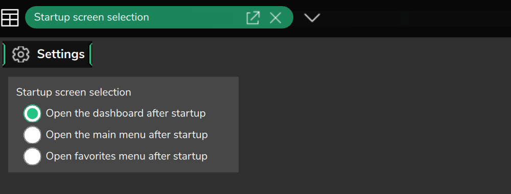 Startup screen selection on the PC (Interface Settings), with Open the dashboard after startup chosen.