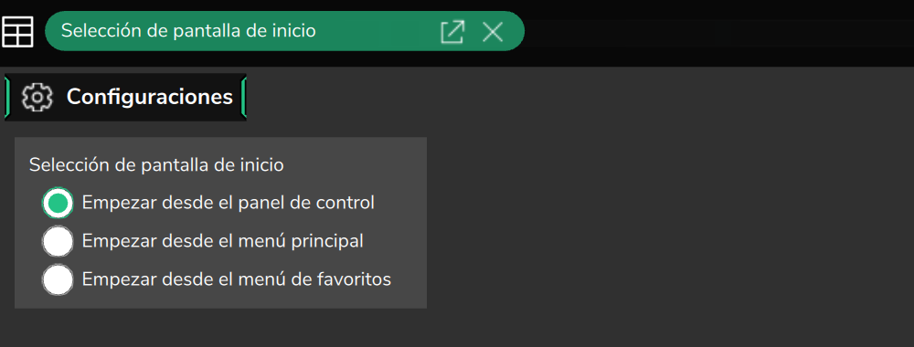 Selección de pantalla de inicio en el PC (Configuraciones de la interfaz), con Empezar desde el panel de control marcada.