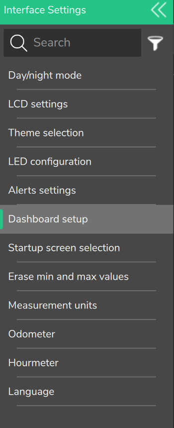 Side menu of the PC with Interface Settings open: the sixth item is Dashboard setup.