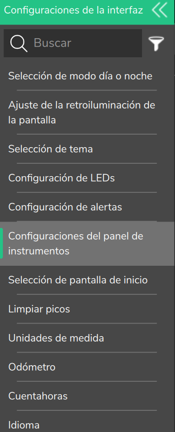 Menú lateral del PC con Configuraciones de la interfaz abierto: el sexto elemento es Configuraciones del panel de instrumentos.