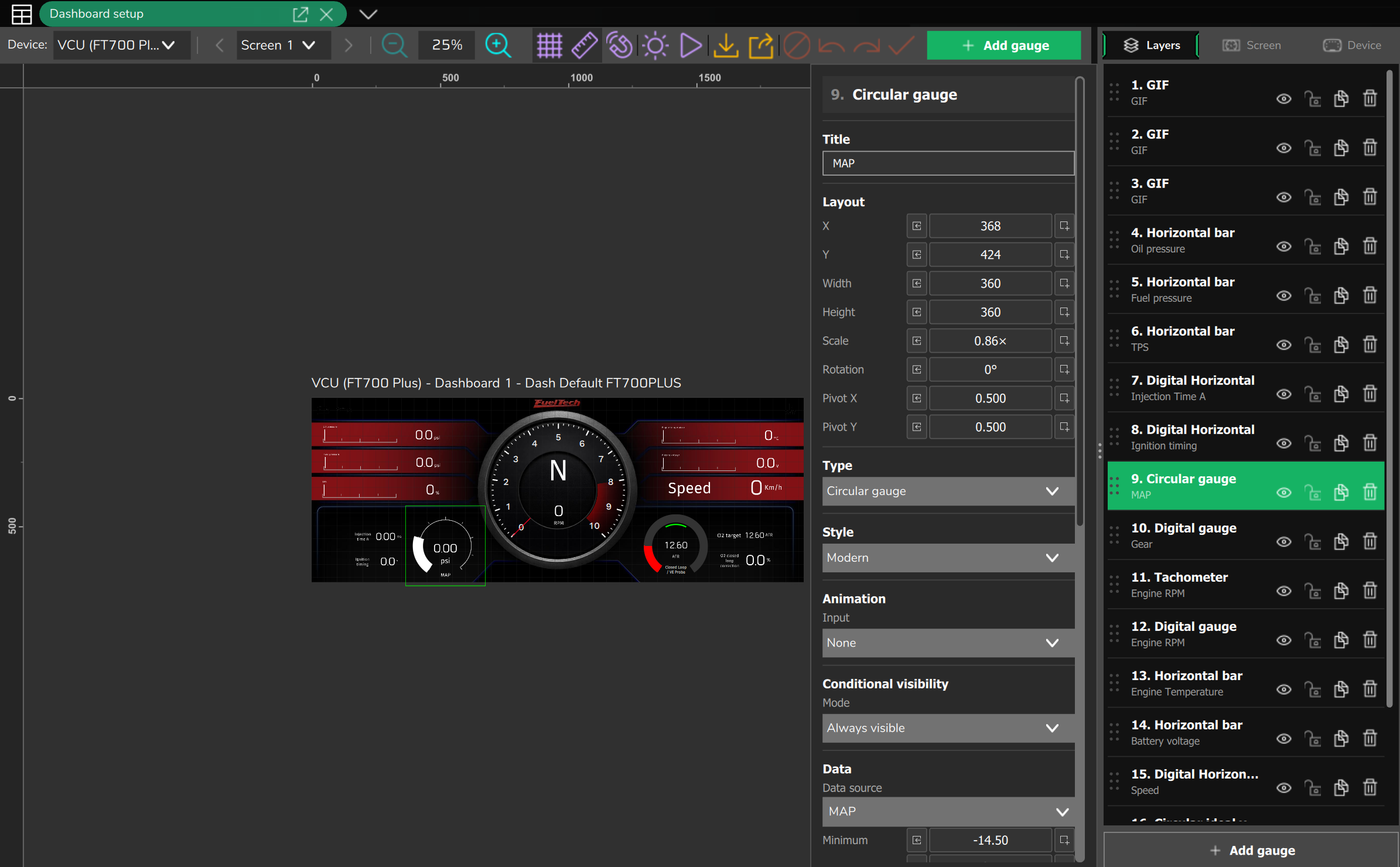 PC editor on the VCU (FT700 Plus) target: top bar, work area, properties of the selected Circular gauge, and the Layers, Screen and Device tabs.