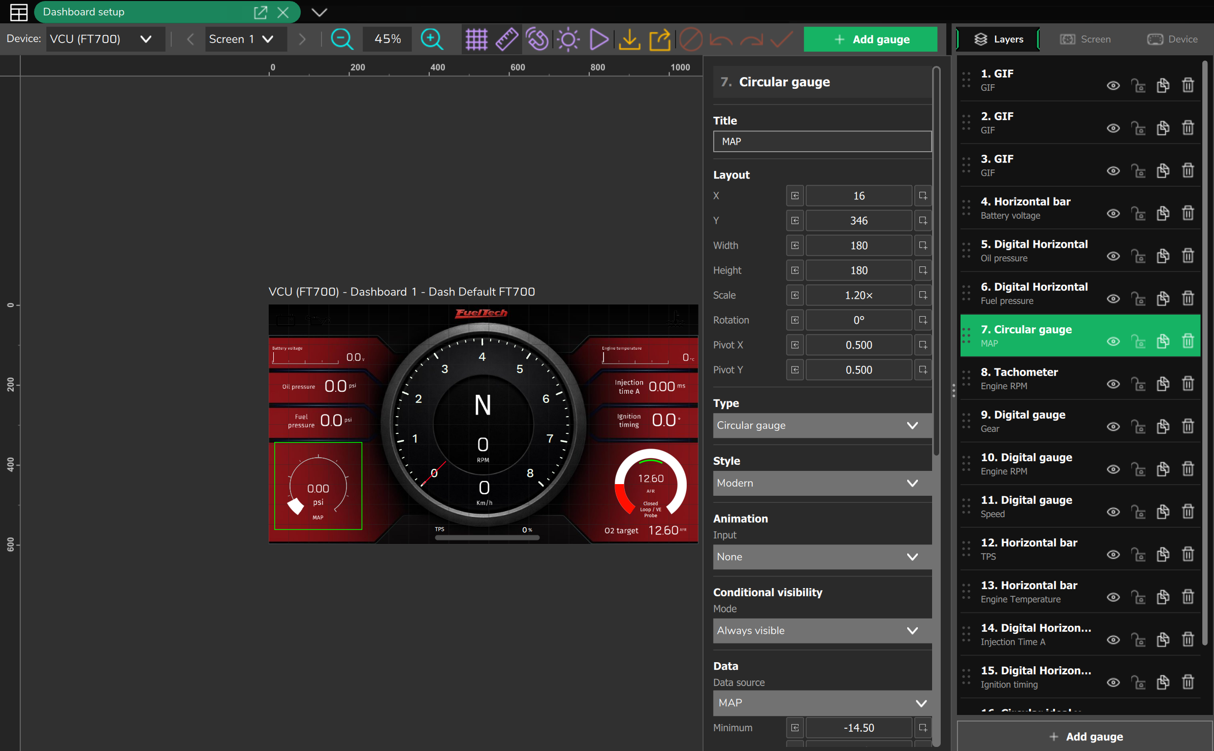 The same editor on the VCU (FT700) target, with the 1074 x 600 px dashboard.