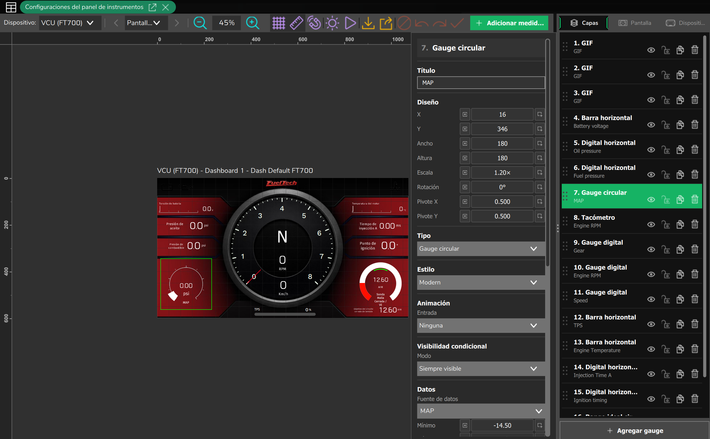 El mismo editor en el destino VCU (FT700), con el panel de 1074 x 600 px.