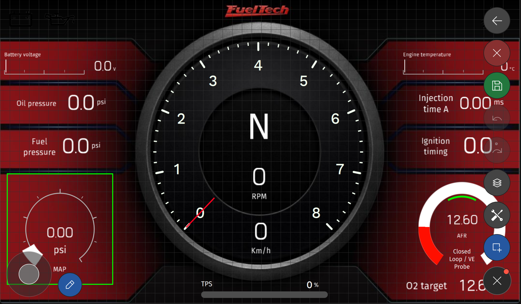 FT700 7" interface in the touch editor: floating button open, joystick on the left, blue edit button and the MAP gauge selected.