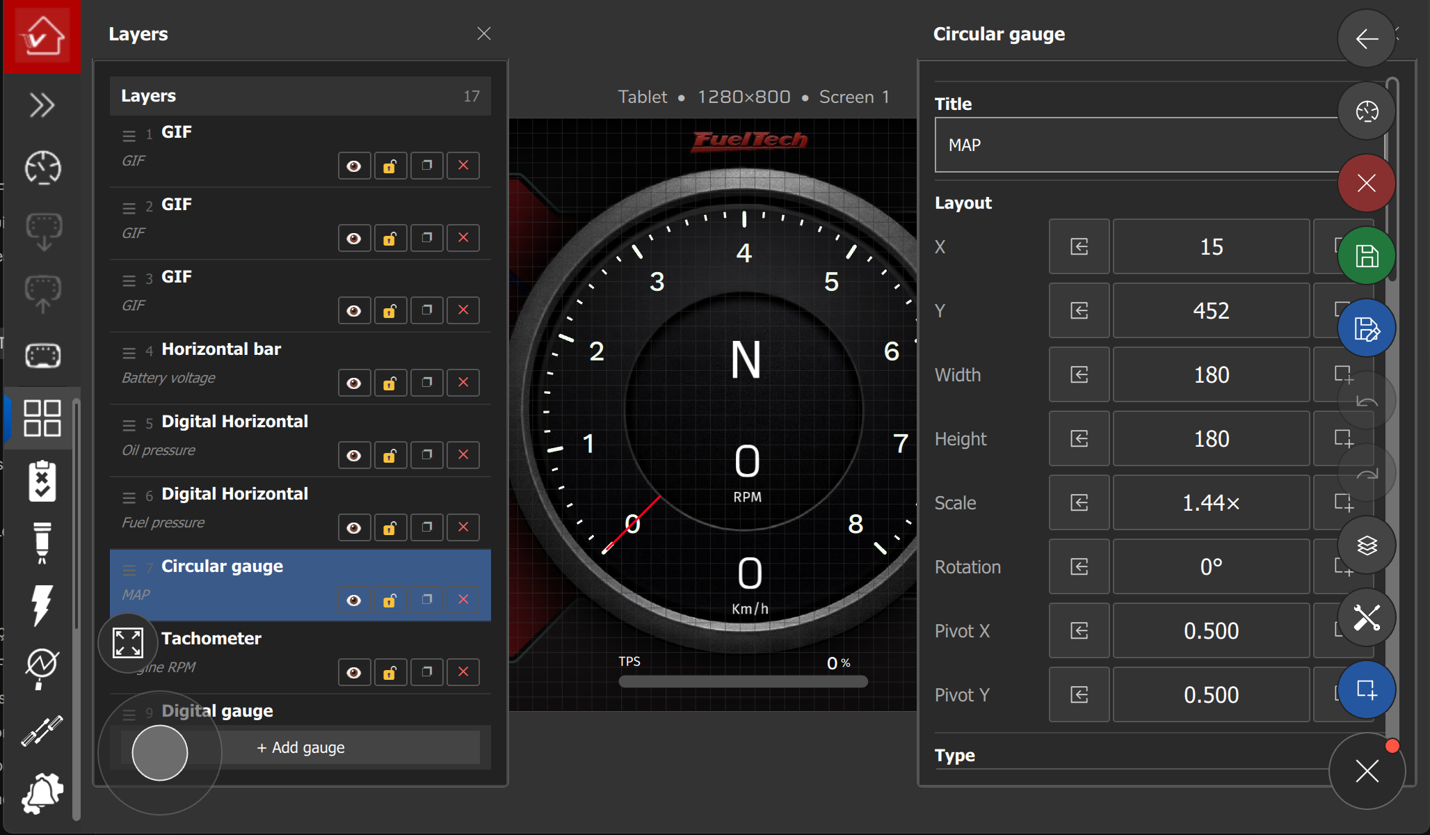 Tablet interface in the editor: floating Layers and properties panels and the floating button with its icon column open.