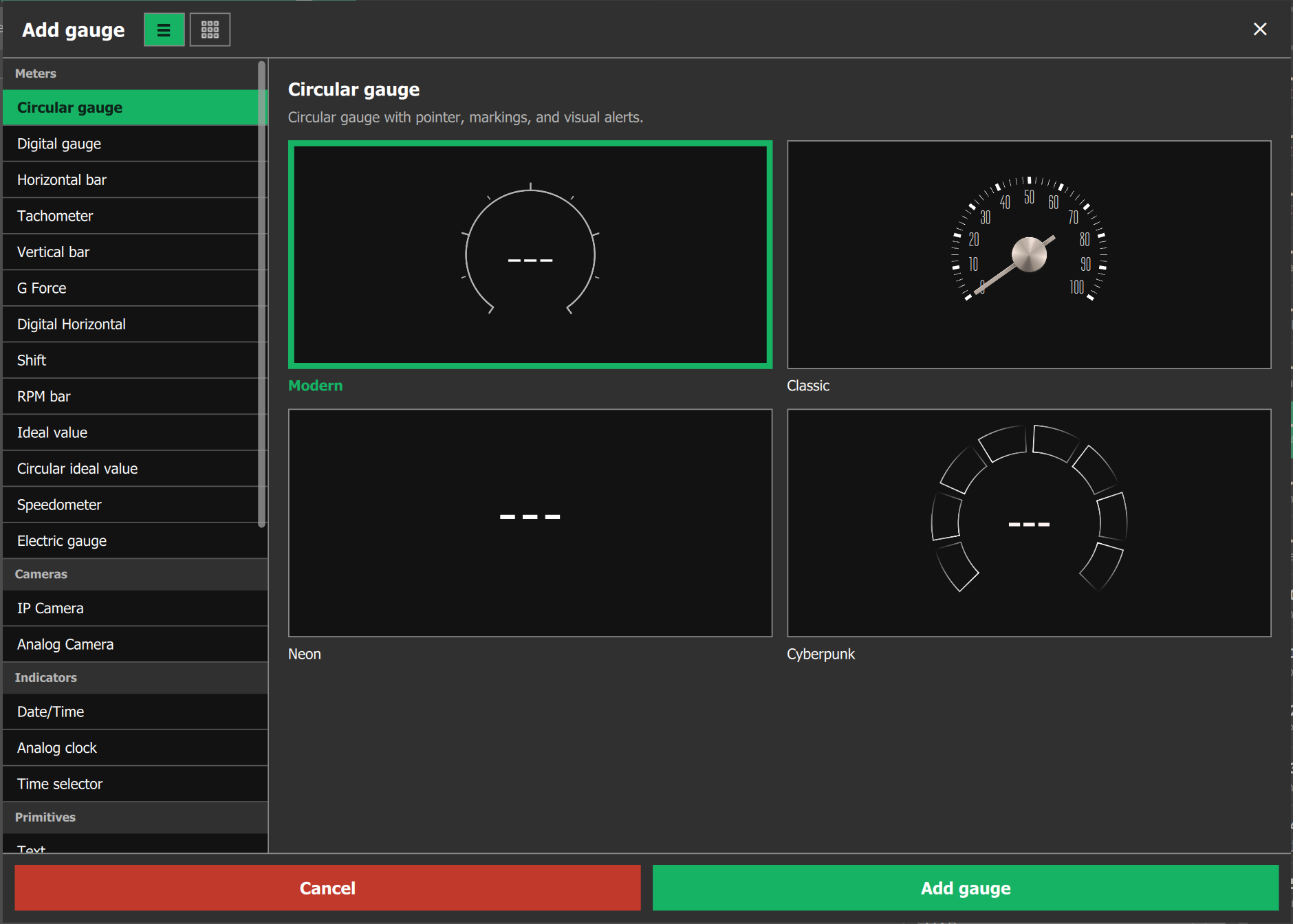 Add gauge window in list view: Circular gauge chosen, with its four styles; on the left, the categories Meters, Cameras, Indicators and Primitives.