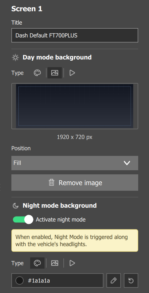Screen tab of the VCU (FT700 Plus) target: day background with a 1920 x 720 px image and night background with Activate night mode on.