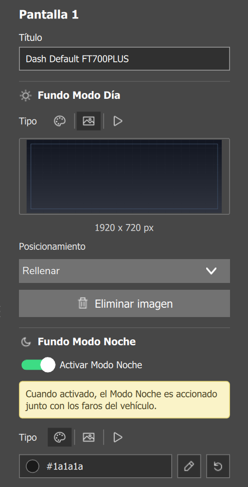 Pestaña Pantalla del destino VCU (FT700 Plus): fondo del día con imagen de 1920 x 720 px y fondo de la noche con Activar Modo Noche encendido.