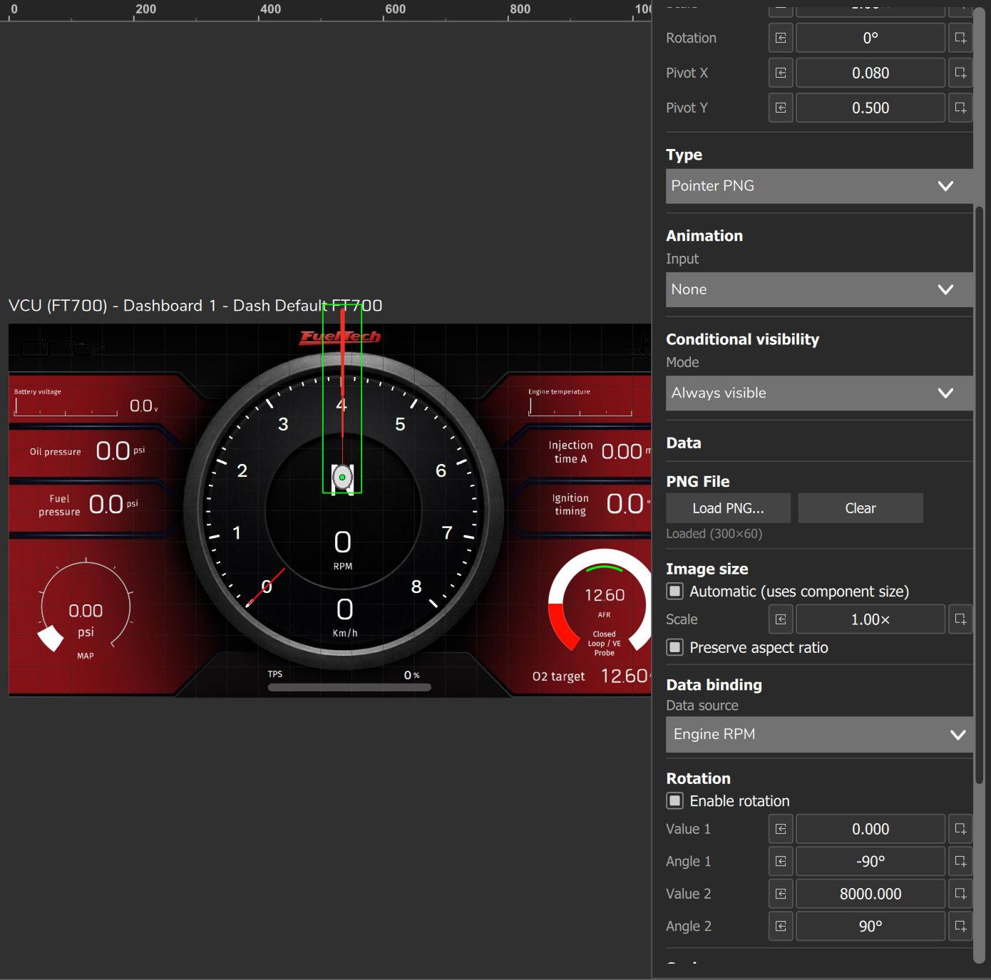 Test Pointer PNG in the editor: frame and green handle at the pivot point; beside it, the panel with PNG File and the Rotation fields.