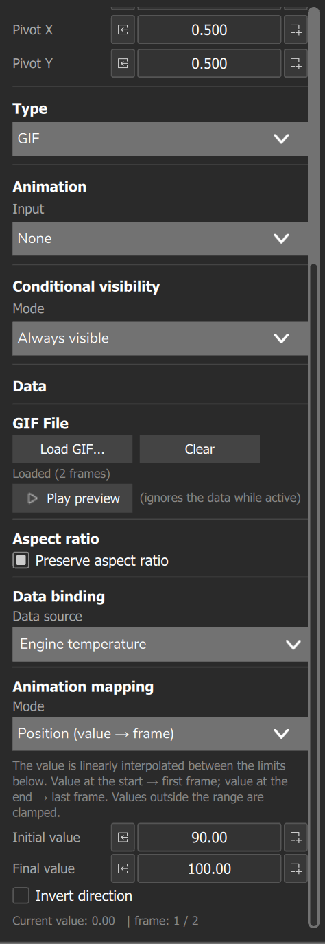 Panel of a 2-frame GIF: Data binding on Engine temperature, Position mapping from 90 to 100 and the Play preview button.