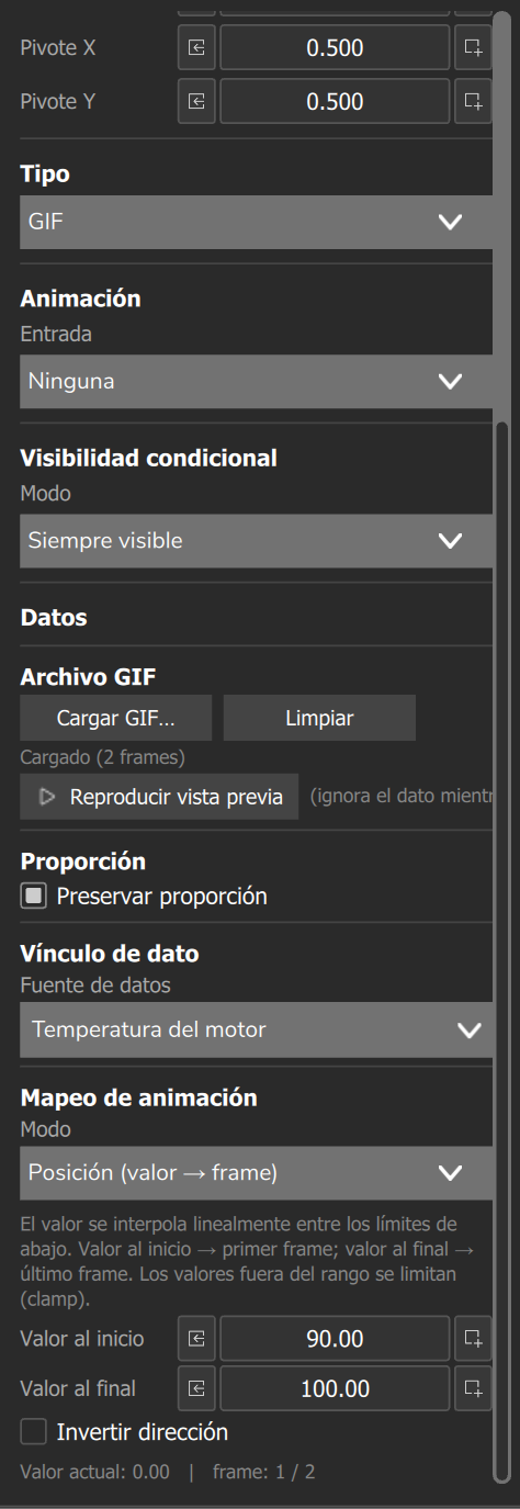 Panel de un GIF de 2 frames: Vínculo de dato en Temperatura del motor, mapeo por Posición de 90 a 100 y botón Reproducir vista previa.