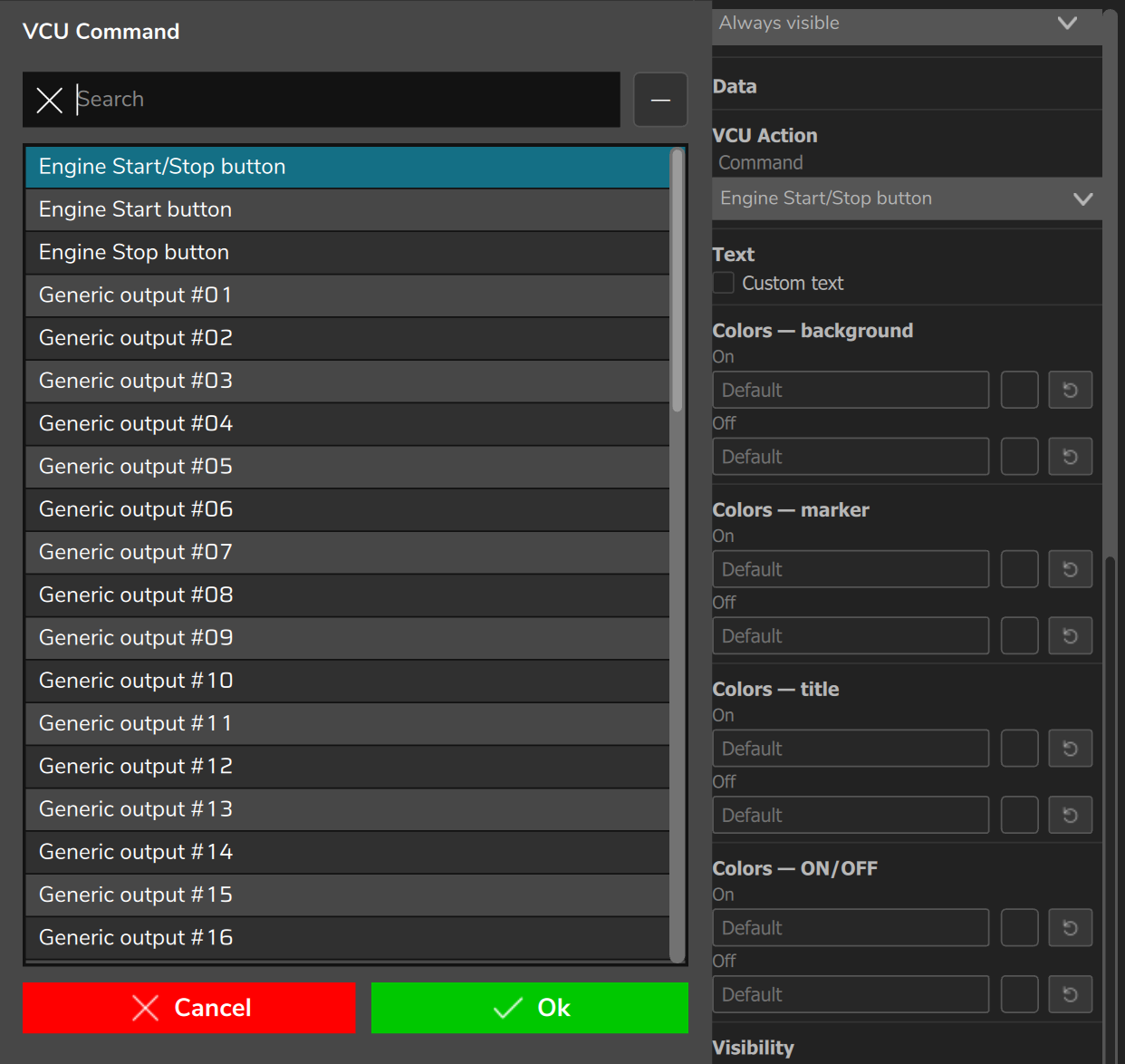 New ECU Button: the VCU Command window, open at the start of the command list, and the panel with the VCU Action section.