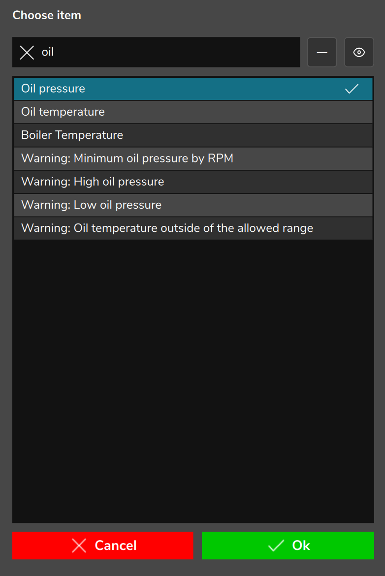 Choose item dialog searching for oil: filtered list, sort button, eye button and the check mark on the item already chosen.