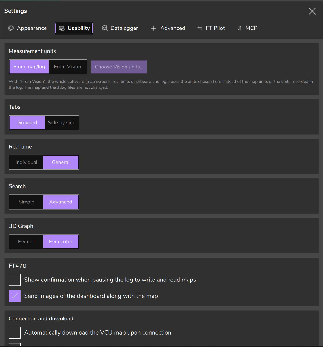 Settings window, Usability tab, opened by the Preferences button: Measurement units (From map/log, From Vision) and FT470 cards.