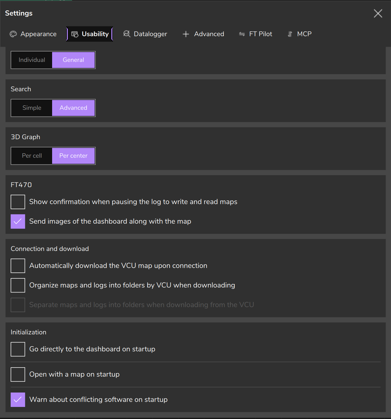 The same window scrolled to the end: the FT470 card (Send images of the dashboard along with the map), Connection and download, and Initialization.