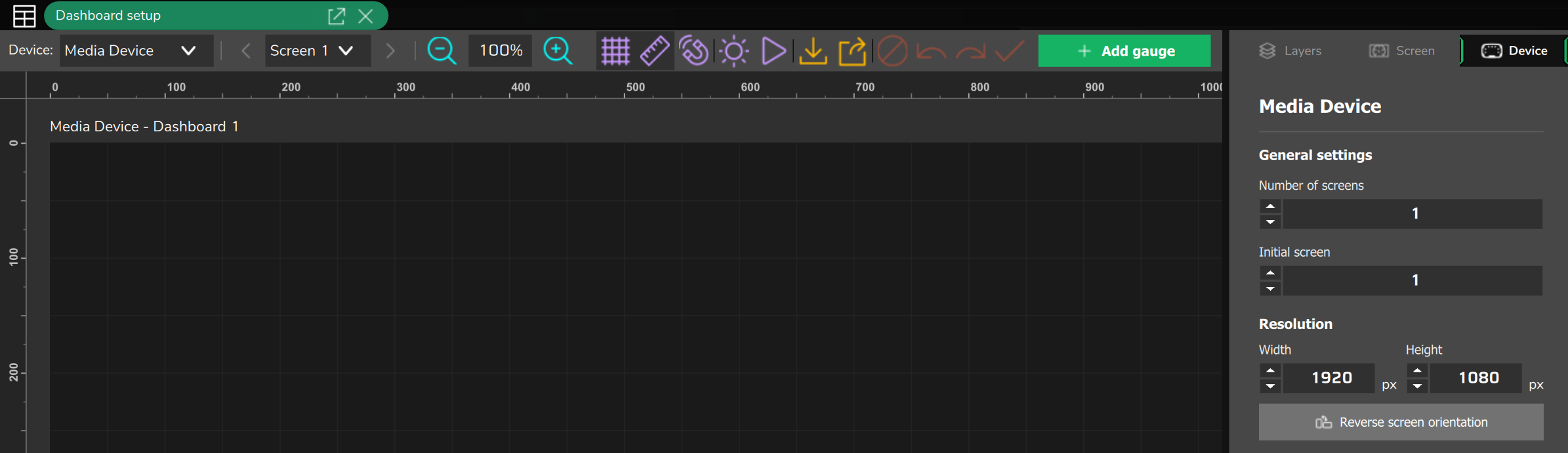 PC editor opened on an FT470 map: the target is Media Device and the Device tab shows Width 1920 and Height 1080.