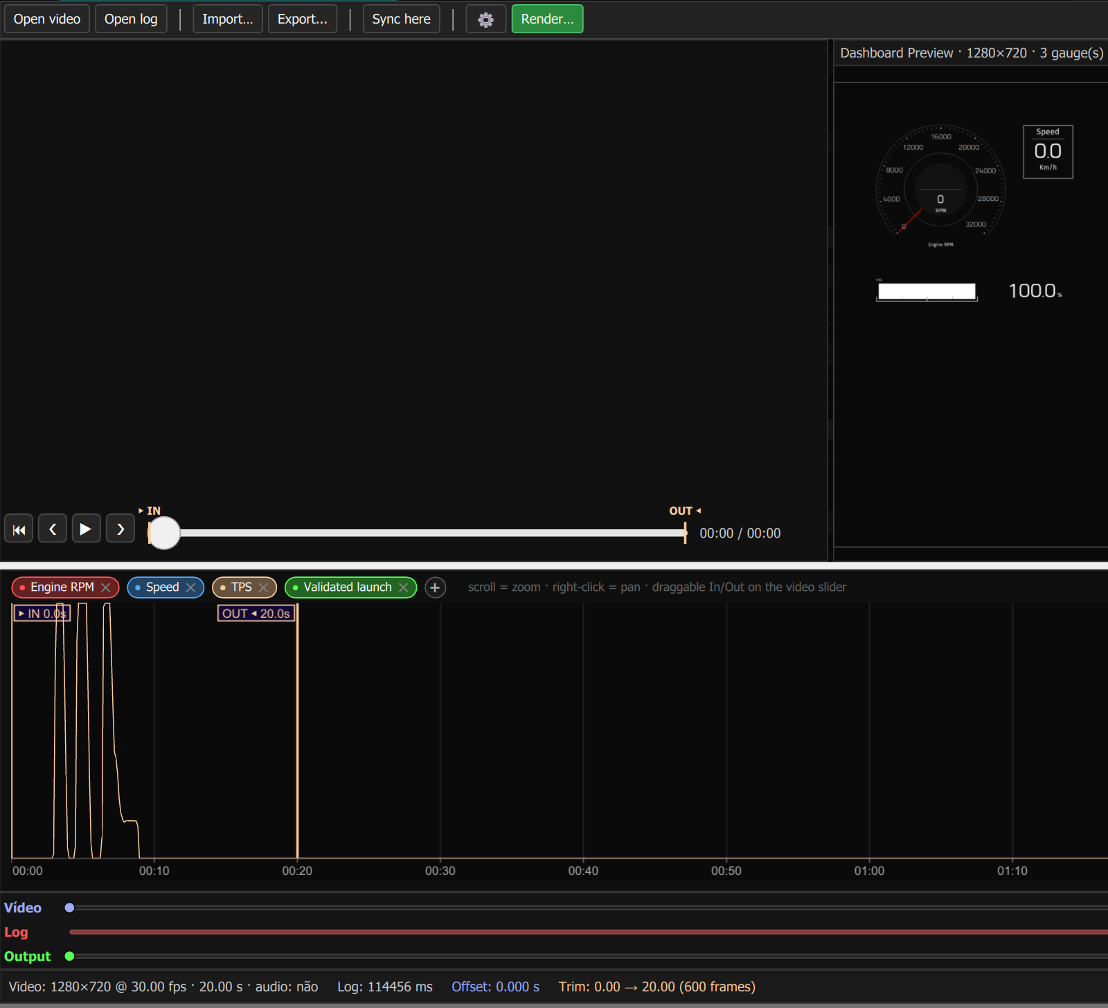 Video Overlay Composer tab: Open video, Open log, Sync here and Render buttons, dashboard preview, log chart and timelines (video window empty in this capture).