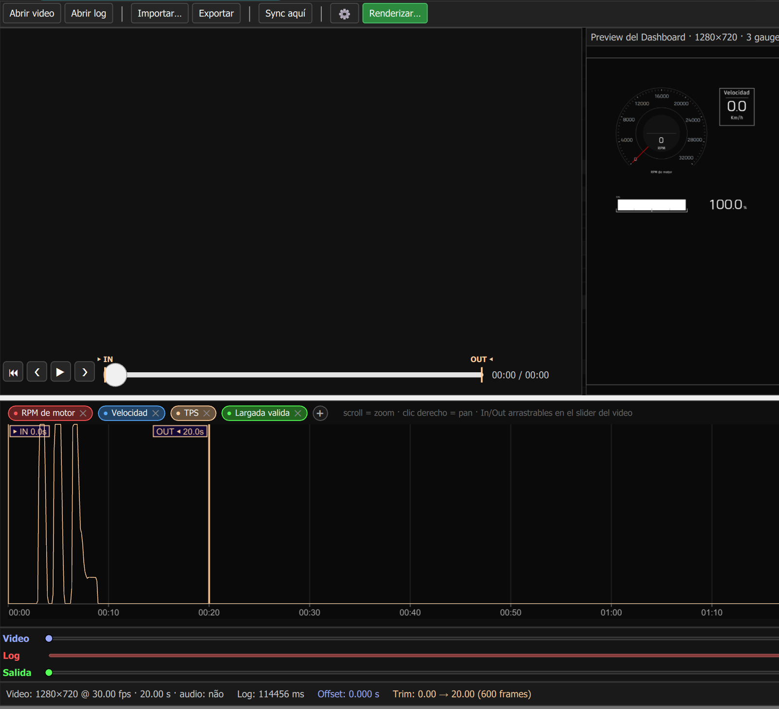 Pestaña Video Overlay Composer: botones Abrir video, Abrir log, Sync aquí y Renderizar, vista previa del panel, gráfico del log y líneas de tiempo (ventana del video vacía en esta captura).