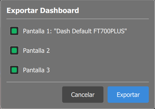 Cuadro Exportar Dashboard con las tres pantallas marcadas y los botones Cancelar y Exportar.