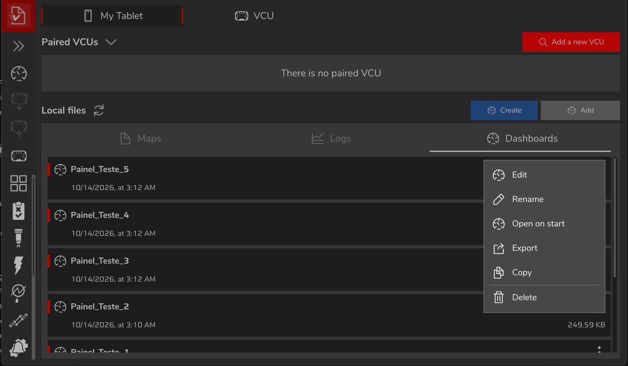 Tablet interface in Local files, Dashboards tab: the list of dashboards, with the three-dot menu of one of them open.