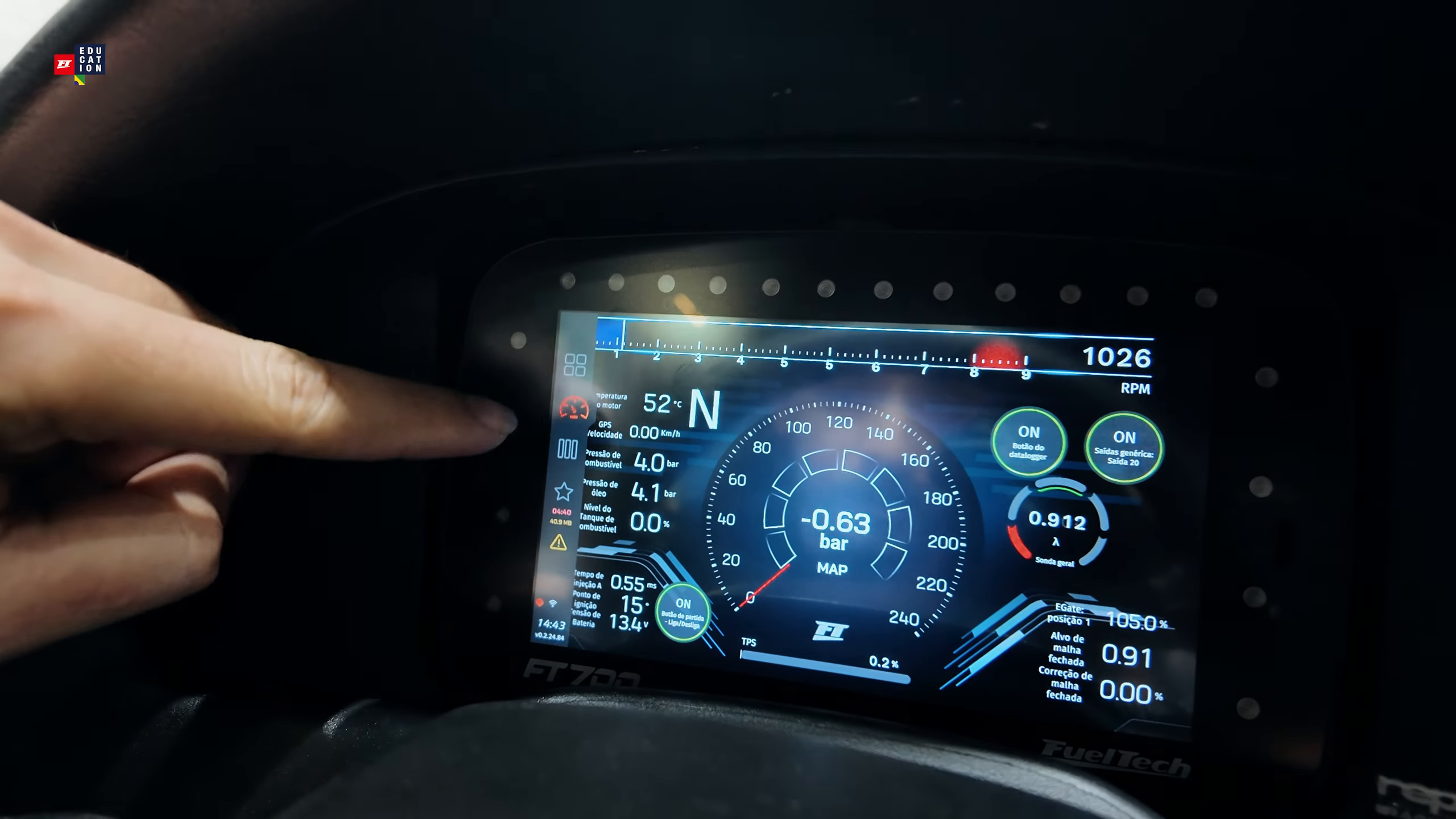 Default dashboard on the 7" FT700, in the car, with the RPM bar at the top (FT Education video, earlier version of the software).