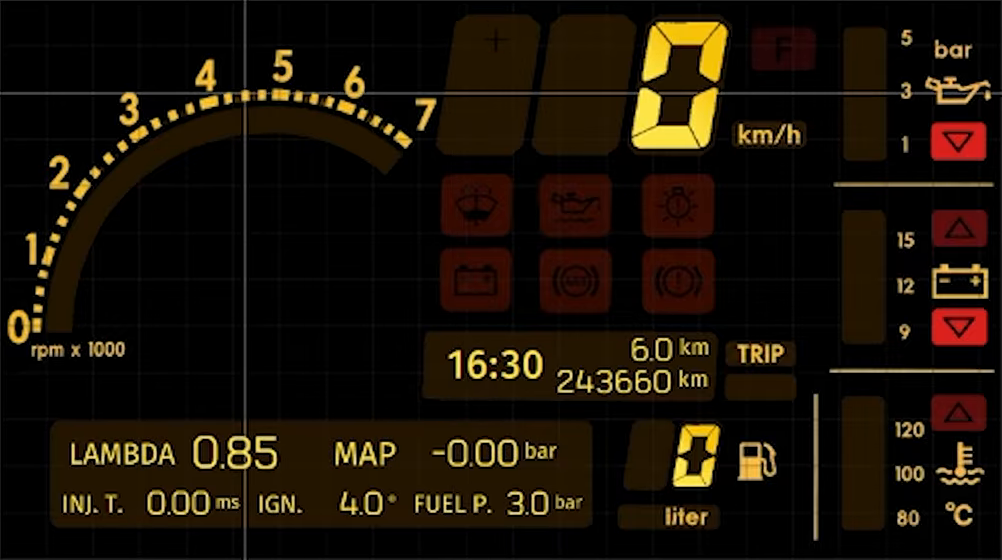A ready-made dashboard open in the 7" editor: fine grid and cursor cross (FT Education video, earlier version of the software)