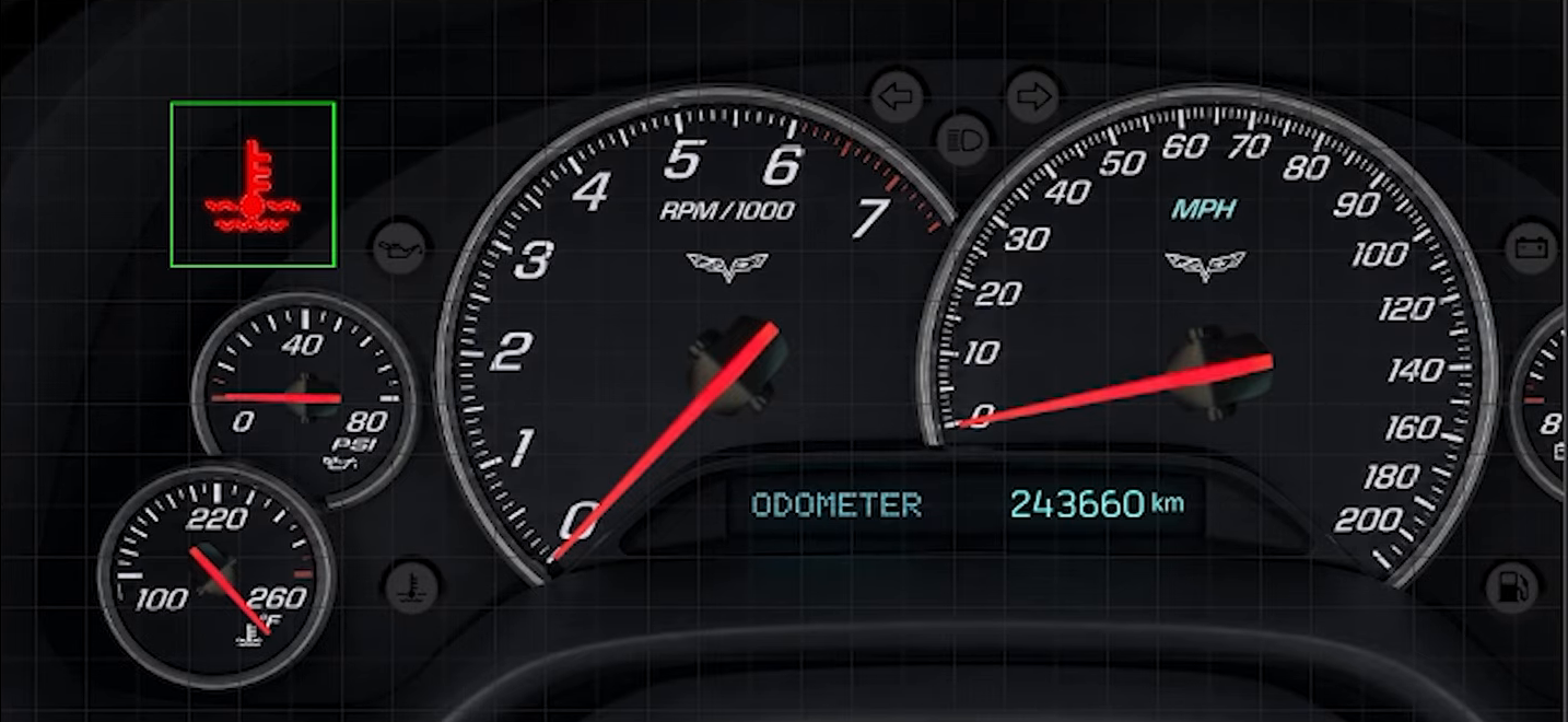 Ícono rojo de temperatura del motor sobre el fondo del panel realista: una imagen con Visibilidad condicional hace que la luz aparezca y desaparezca (video FT Education, versión anterior del software).