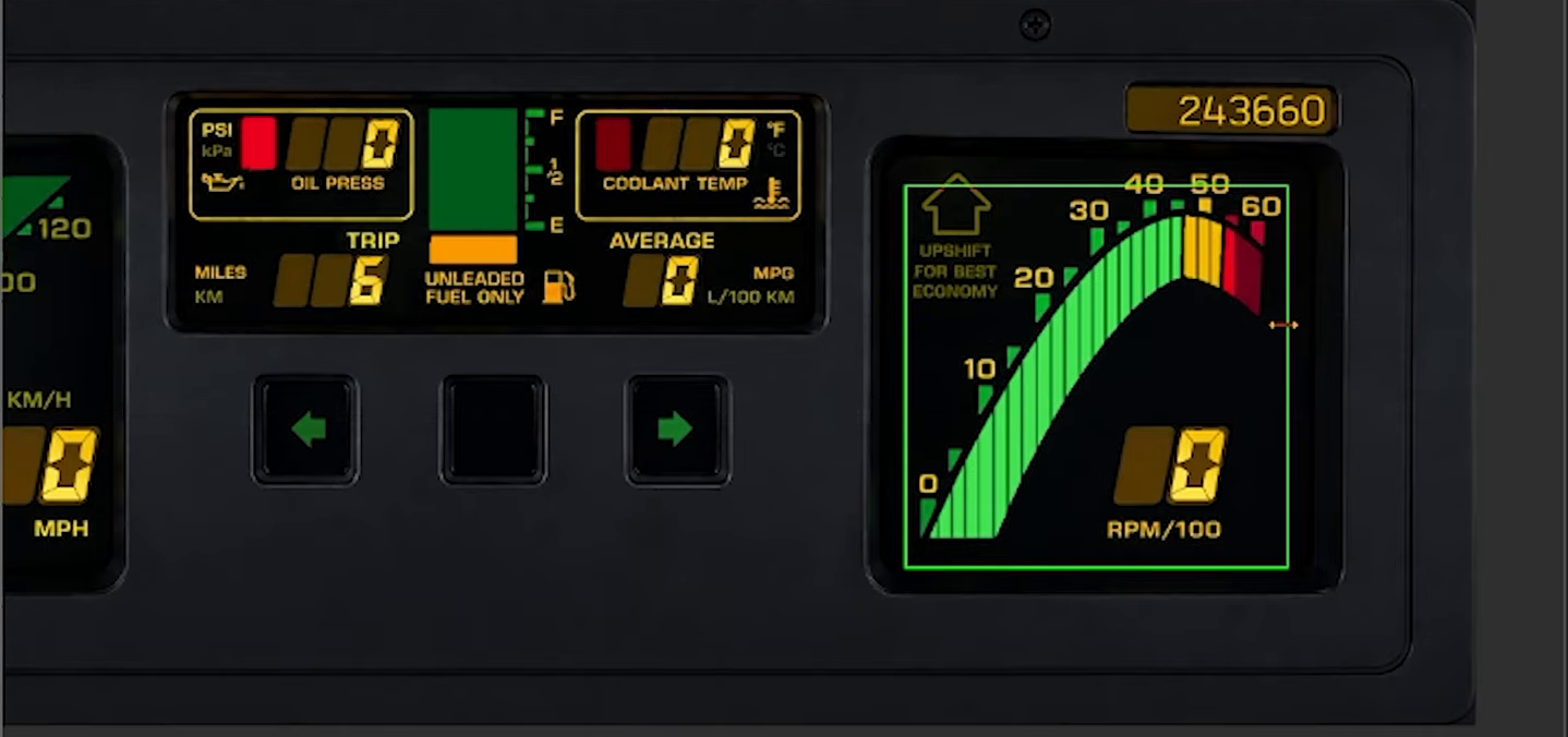 Crop of the digital dashboard with the RPM bar lit up to about 4500 RPM. The green border marks the selected GIF (FT Education video, earlier software version).