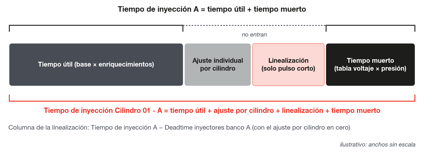 Composición del pulso en el modo VE: tiempo útil, linealización y tiempo muerto, y lo que entra en cada canal de tiempo de inyección del log