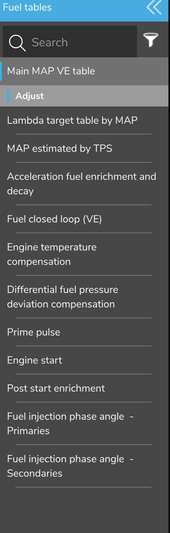 Fuel tables menu with the VE Based strategy.