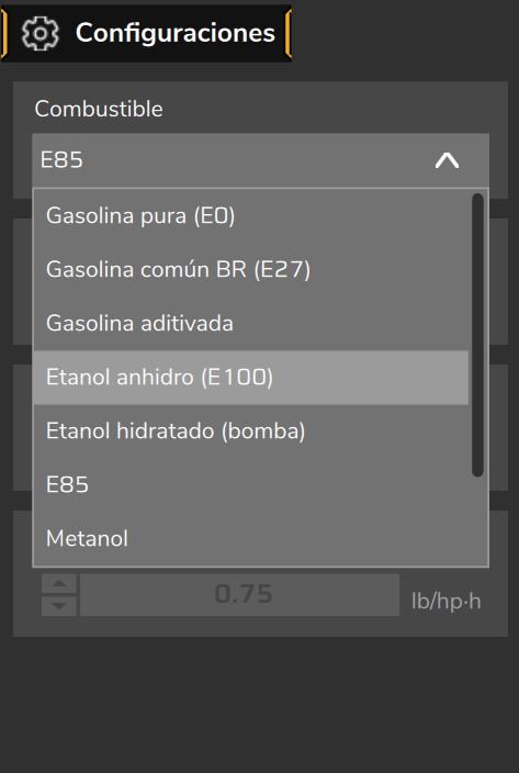 Campo Combustible con la lista abierta.