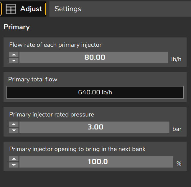 Primary bank: injector flow rate, total flow, rated pressure and opening to bring in the next bank (values from a sample map, not the factory defaults).