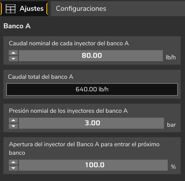 Banco A: caudal nominal del inyector, caudal total, presión nominal y apertura para entrar el próximo banco (valores de un mapa de ejemplo, no los de fábrica).