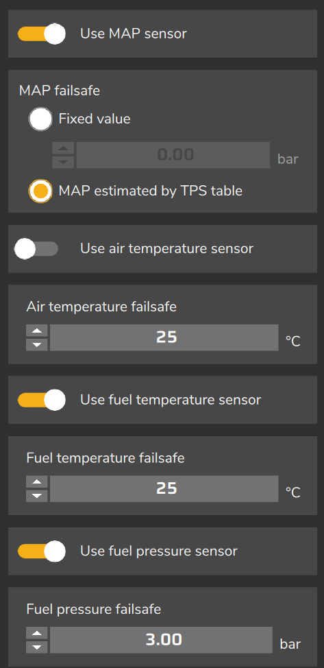 VE sensors: Use sensor switches and failsafes for MAP, air temperature, fuel temperature and fuel pressure.