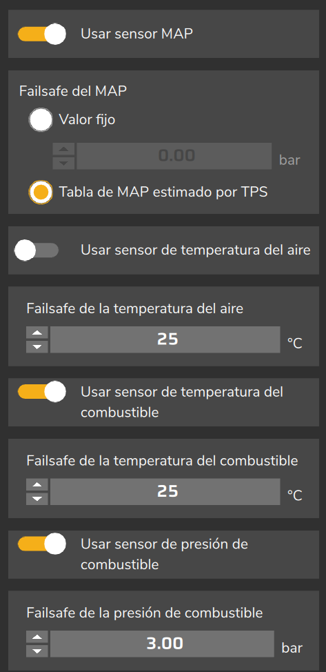 Sensores del VE: interruptores Usar sensor y failsafe del MAP, de la temperatura del aire y de la temperatura y la presión del combustible.