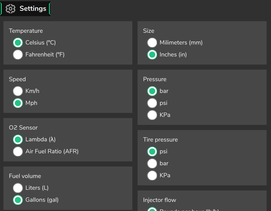 Units of measure: temperature, pressure and O2 sensor.