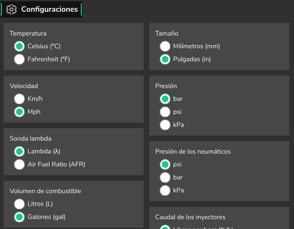 Unidades de medida: temperatura, presión y sonda lambda.
