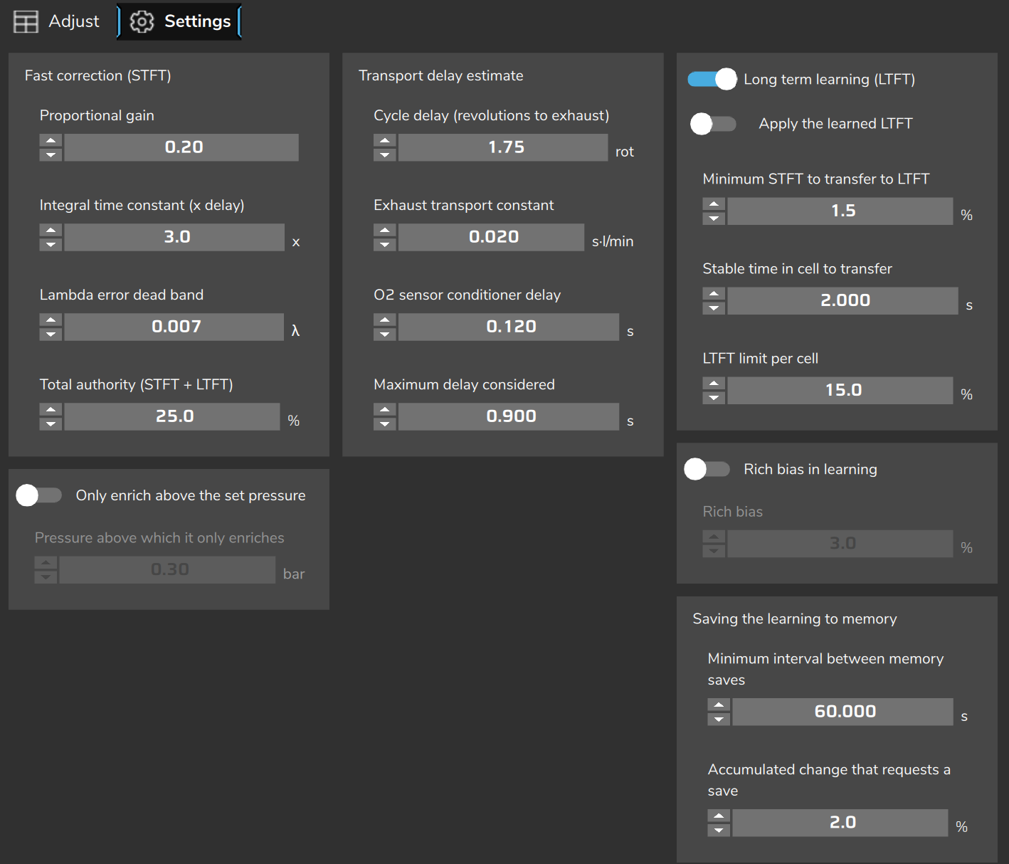 Fuel closed loop (VE), Settings tab: fast correction (STFT), transport delay estimate and long term learning (values from a sample map, not the factory defaults).