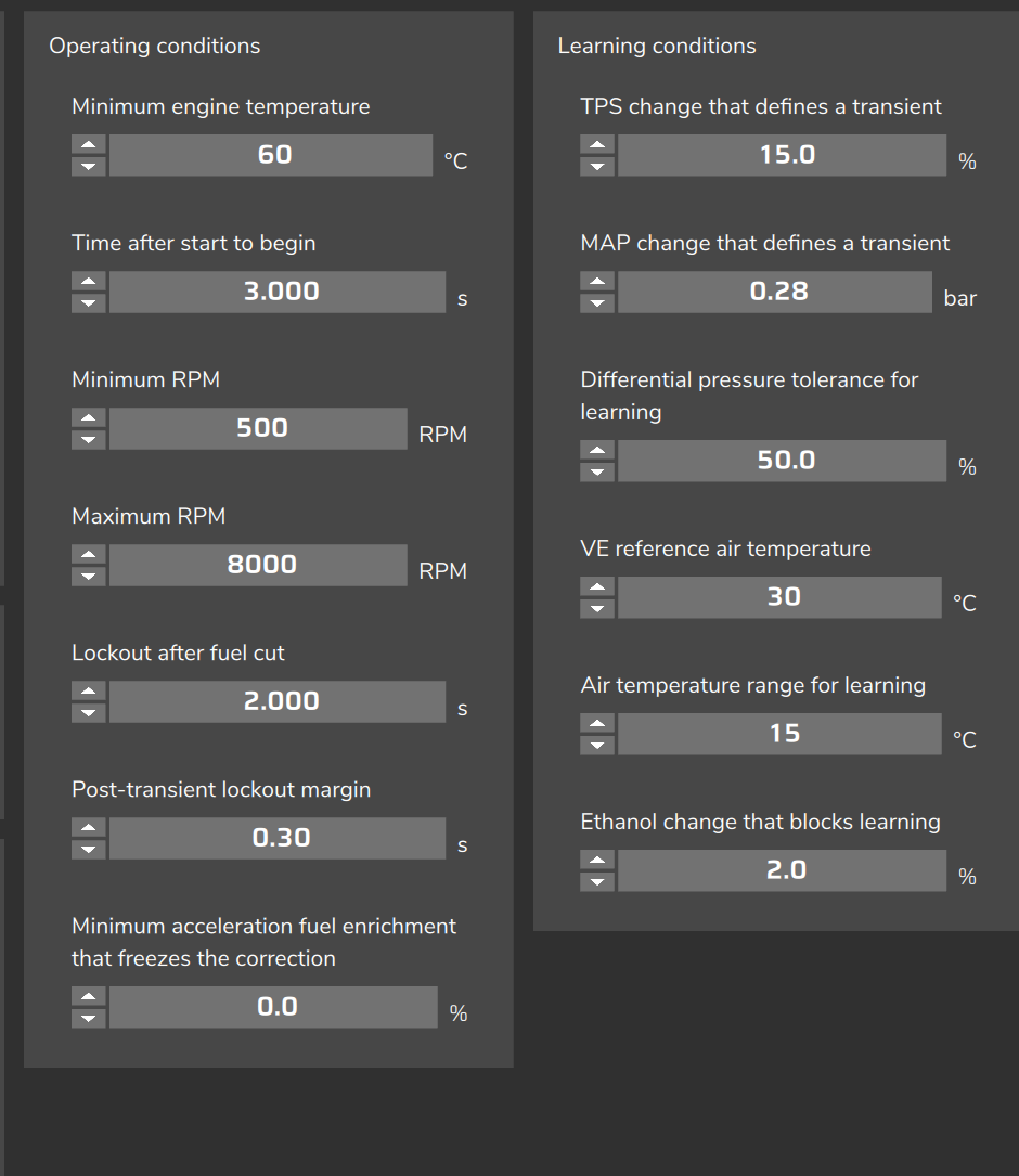 Fuel closed loop (VE), Settings tab: operating conditions and learning conditions (values from a sample map, not the factory defaults).