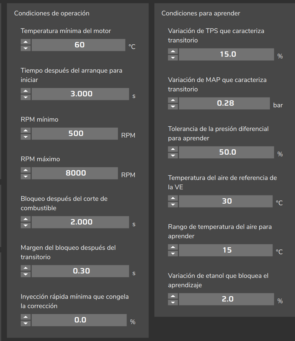 Circuito cerrado de combustible (VE), pestaña Configuraciones: condiciones de operación y condiciones para aprender (valores de un mapa de ejemplo, no los de fábrica).