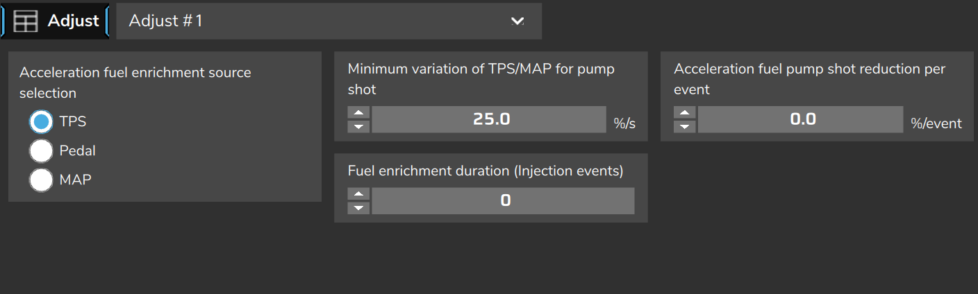 Acceleration fuel enrichment, Adjust #1: source, minimum variation, reduction per event and duration (values from a sample map, not the factory defaults).