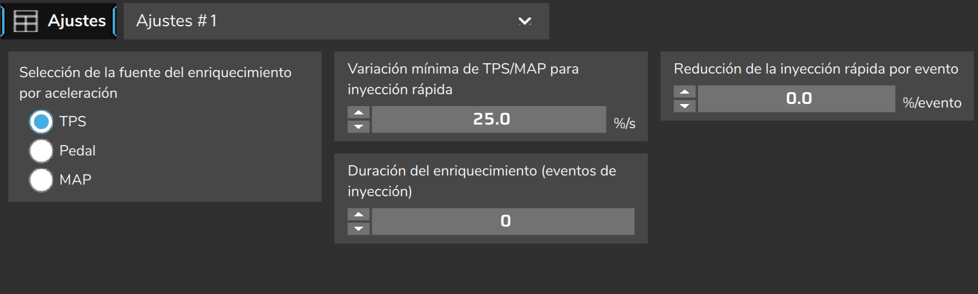 Inyección rápida, Ajustes #1: fuente, variación mínima, reducción por evento y duración (valores de un mapa de ejemplo, no los de fábrica).