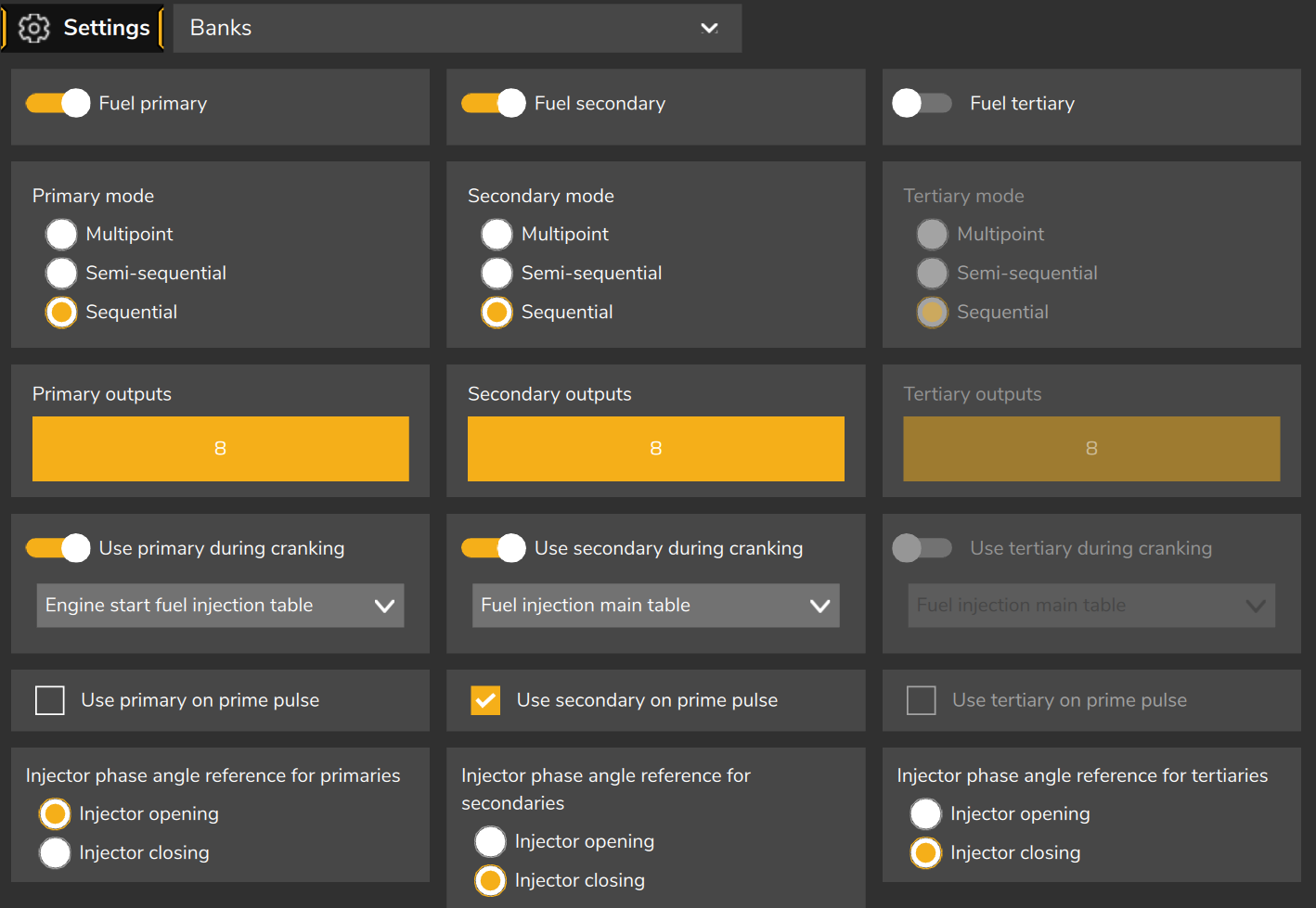 Banks tab: cranking injection of each bank. A uses the engine start table and B the main table.