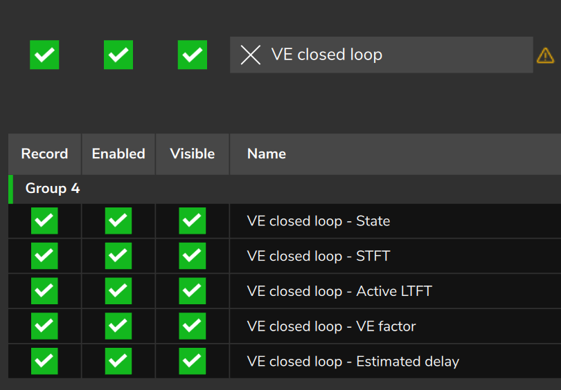 Datalogger settings filtered by VE closed loop: Record, Enabled and Visible for each channel.